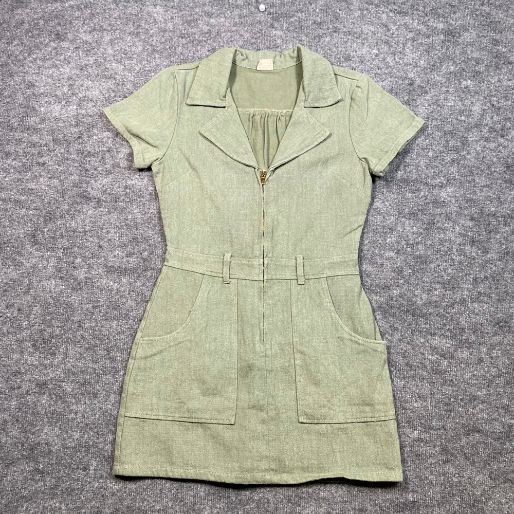 Blue Buttercup Sage Green Cotton Twill Utility Mini Dress Zip Front Size‎ M